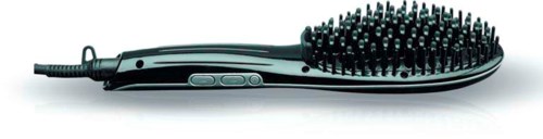 A black electric hairbrush with a long cord and many small bristles for styling hair.