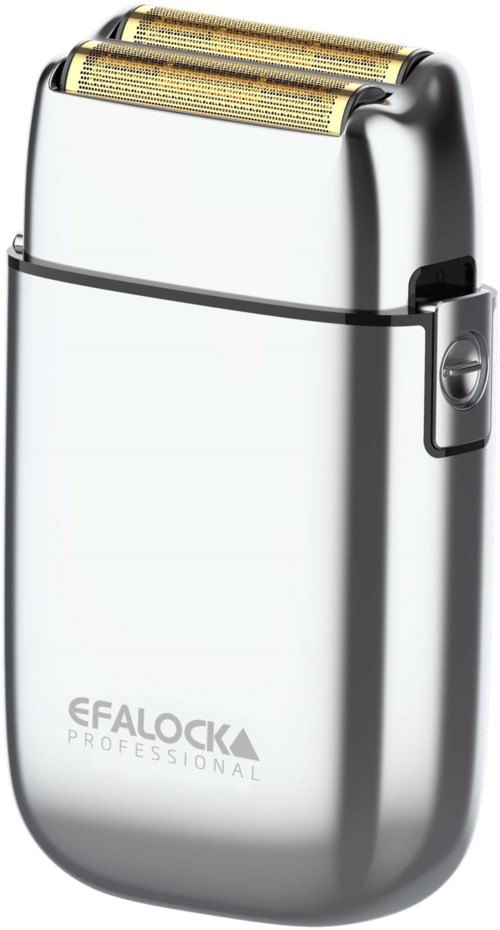A silver electric shaver with two gold-colored foil heads, a black control dial, and the brand name 'Efalock Professional' on the front.