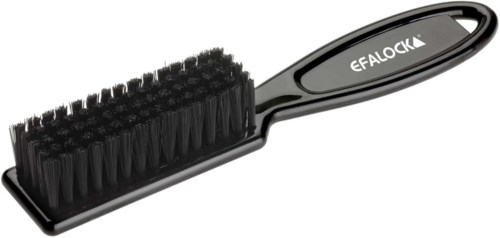 A black shoe brush with a handle, used for cleaning shoes.