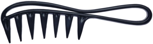 A black hair comb with a curved handle and seven teeth, used for detangling hair.