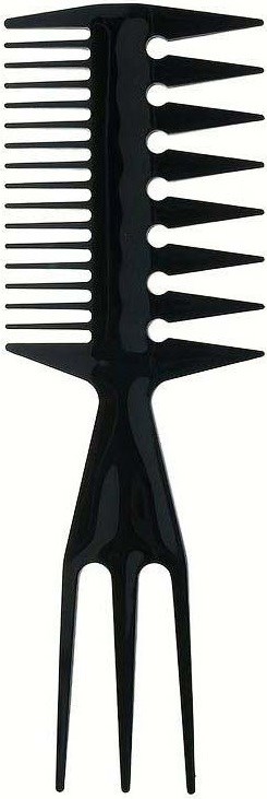 A black wide-tooth comb with a handle that has two prongs.