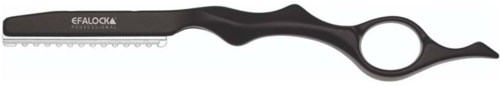 A professional hair cutting comb with a handle and a finger hole, designed for salon use.
