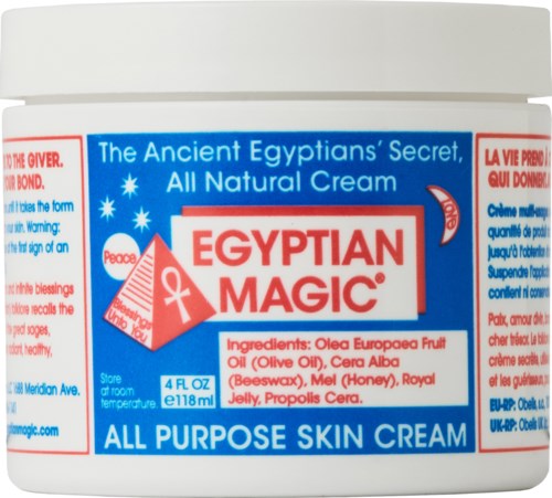 A blue and white container of Egyptian Magic all-purpose skin cream with ingredients listed on the label.