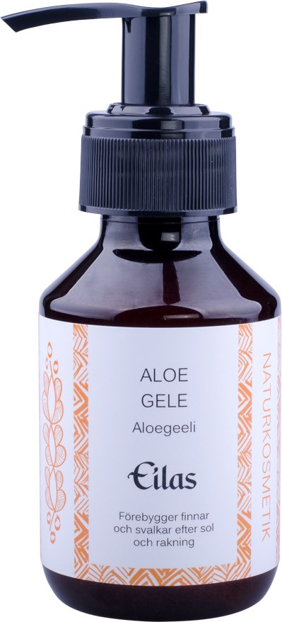 Eine dunkelbraune Flasche mit Pumpspender, beschriftet Aloe Gele, enthält Aloe Vera Gel für die Hautpflege.