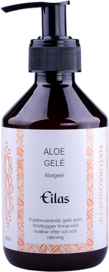 A dark bottle with a pump contains aloe vera gel, labeled in Swedish with natural and sun protection benefits.