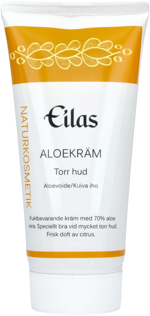 White and orange tube of aloe cream for dry skin, contains 70% aloe vera, with citrus scent.