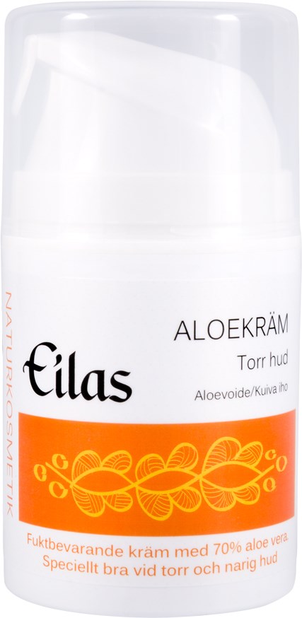 Een witte fles met pompstukje met label 'Eilas Aloe Cream' voor droge huid, met oranje en zwarte tekst en bladontwerp.