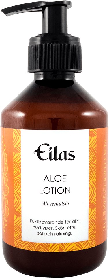 Een bruin flesje met een zwarte pomp, gelabeld 'Elas Aloe Lotion' voor huidgebruik, met oranje en witte tekst.