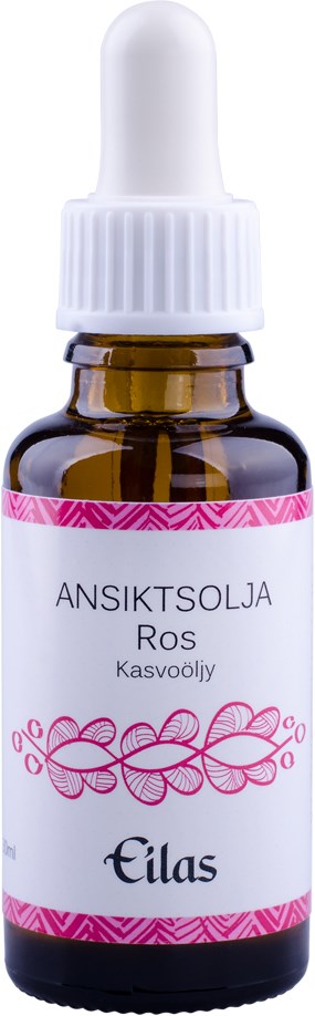 Kleine bruine fles met een wit druppeldopje. Het label zegt 'Gezichtsolijf Rose' en 'Eilas' met roze decoraties.