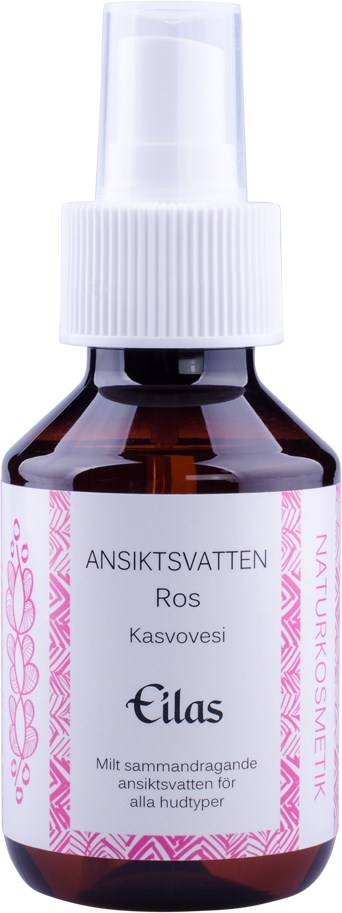Kleine bruine fles met witte spraydop, label geeft aan dat het gezichtswater voor alle huidtypes is.