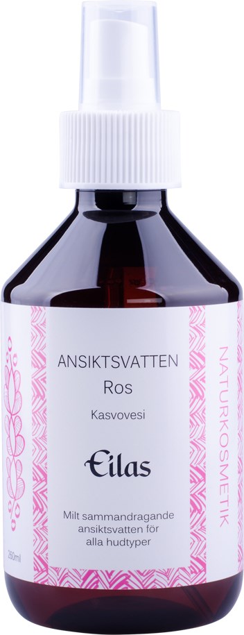 A dark bottle with a spray top, label says face water with rose, for all skin types.