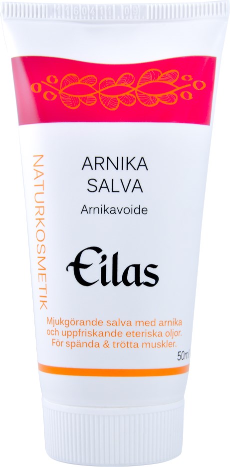 Een tube met Arnica-zalf met rode en witte verpakking, 50 ml, gebruikt voor het verzachten van pijnlijke spieren.