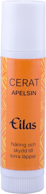 A lip balm stick with orange packaging and white cap, labeled CERAT APelsin and Eilas, for dry lips protection.