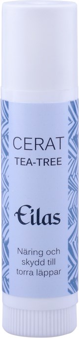 Lippenbalsem tube met blauwe en witte labels, gemarkeerd Cerat Tea-Tree van Eilas, voor droge lippen.