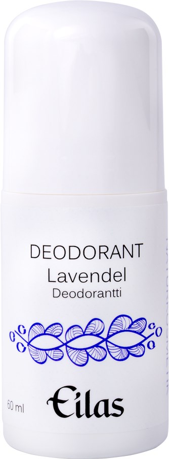 Een witte roller deodorantfles met lavendelgeurlabel en blauwe bloemenontwerp, merk Eilas.