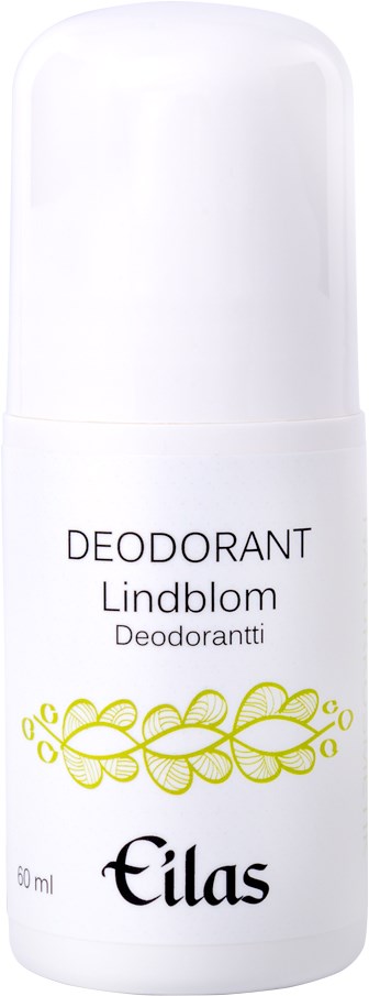 Witte deodorantstick met gele bloemenprint, label 'Eilas Lindblom Deodorant' met 60 ml capaciteit.