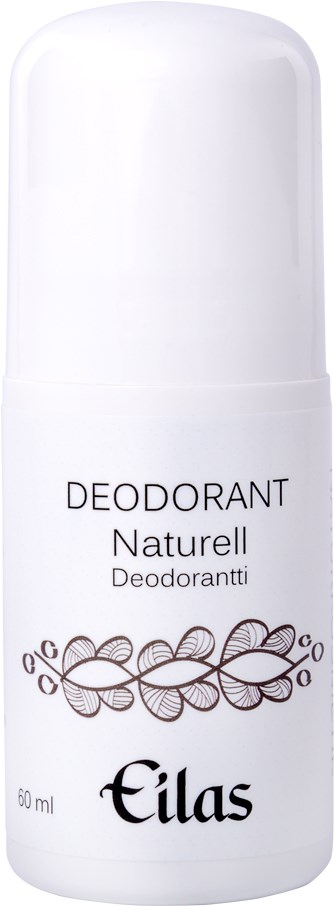 Een witte deodorantroller met zwarte tekst, bloemenontwerp en merknaam Ellas.