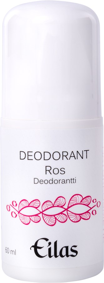 Een witte roller deodorantcontainer met roze bloemenontwerp en zwarte tekst "Eilas" en "Ros".