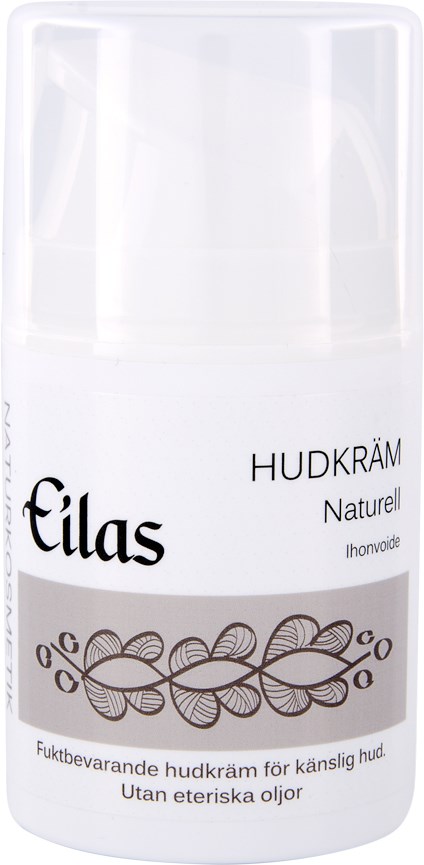 Een witte fles met zwarte tekst en bladillustratie, gelabeld als huidcrème voor gevoelige huid, zonder etherische oliën.