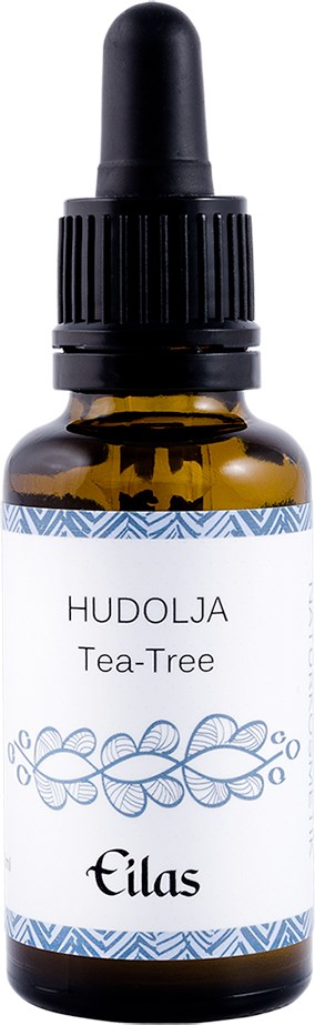 Bruine glazen fles met zwarte druppelkop, etiket leest 'HUOLUJA Tea-Tree Eilas'.