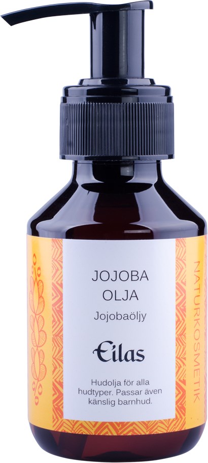 Een donkerbruine fles met pomp, gelabeld 'Jojoba Oil' en 'Elas,' gebruikt voor huidverzorging.