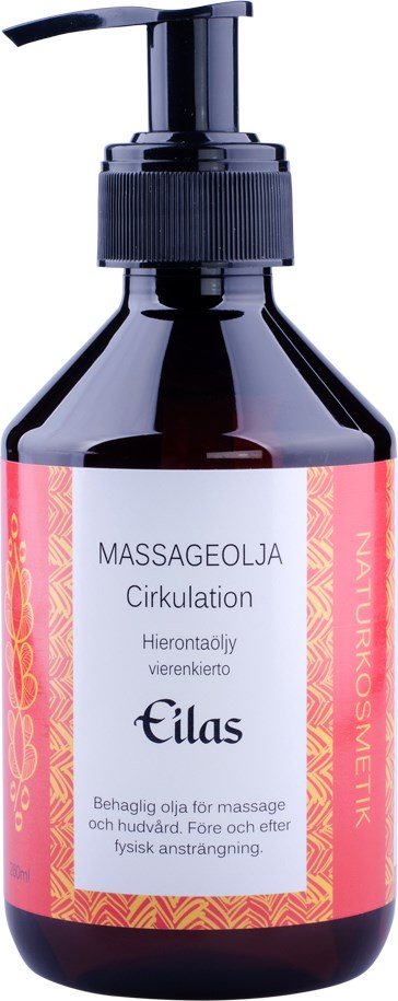 Donkere fles met pomp, gelabeld voor massageserum die de doorbloeding en huidverzorging bevordert, met roze en geel ontwerp.