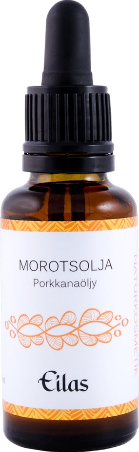 Een klein bruin flesje met druppelaar, met label 'Morotsolja' voor varkensvet, van Eilas.