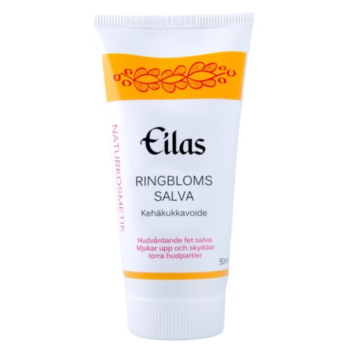Een witte tube Eilas Ringbloms Salva met oranje en roze tekst en een bloemendecor bovenaan.