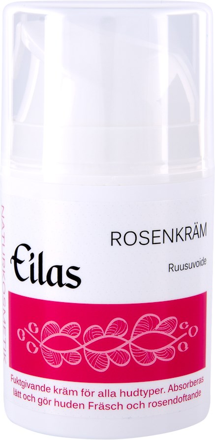 Een witte fles met een roze label en witte dop. Het label heeft tekst en een eenvoudige decoratie.