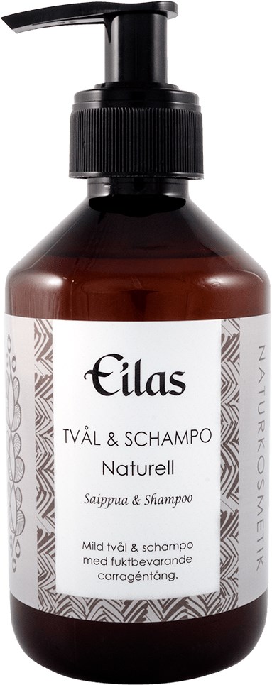 Een bruine fles met pomp, met label 'Eilas' voor milde lichaam- en haarwas en shampoo, natuurlijke geur.