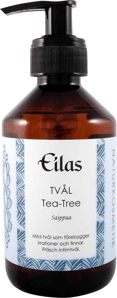Brun flaske med pumpe, merket Eilas Tea-Tree såpe, designet for å forhindre irritasjon og berolige huden.