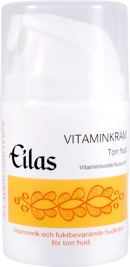 Valkoinen pullo, jossa pumppu, merkitty vitamiinivoiteeksi kuivalle iholle, oranssi lehtikuvio.