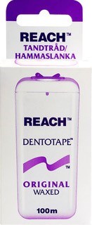 A container labeled Reach Dentotape, purple and white, with a cap, used for dental wax or tape.