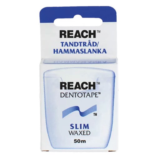 A box of Reach Dental Floss with blue and white colors, displaying product name and benefits, such as being slim and waxed.