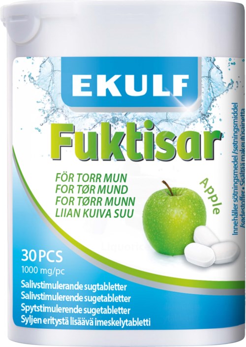 A bottle of Ekulf Fuktisar for dry mouth with apple flavor, contains 30 tablets, each 1000 mg.
