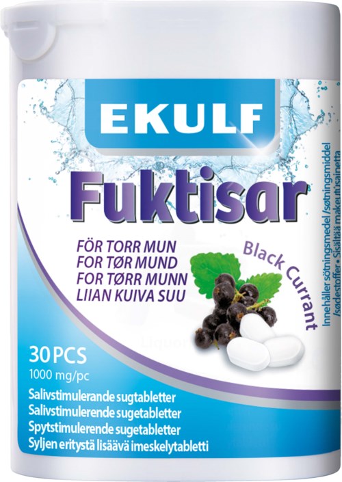 A container labeled 'EKULF Fuktisar' with 30 blackcurrant-flavored lozenges, pills, or tablets, containing 1000 mg each, for dry mouth relief.