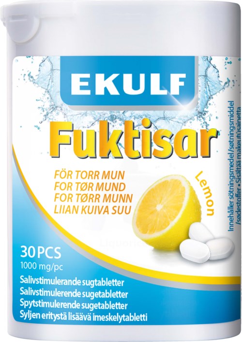 Lemon-flavored chewable tablets with lemon image, brand name EKULF, 30 pieces, for dry mouth relief.