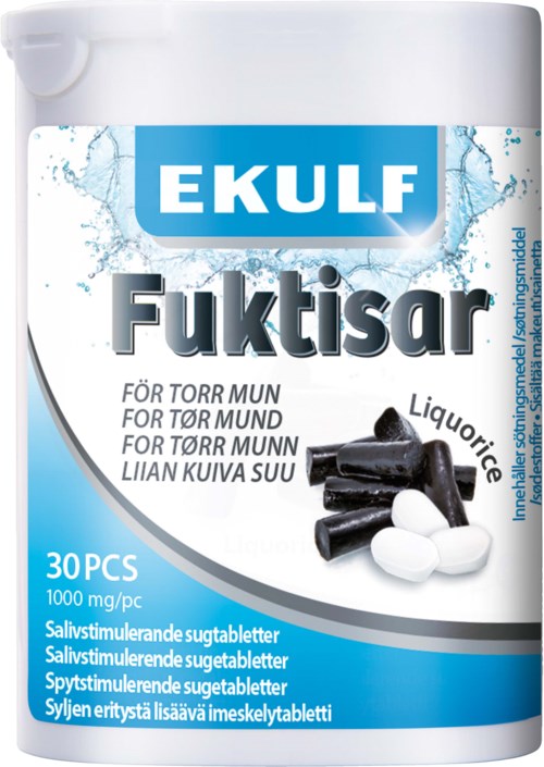 A container of Ekulf Fuktisar lozenges, black and white, for dry mouth, with 30 pieces, designed for soothing dryness.
