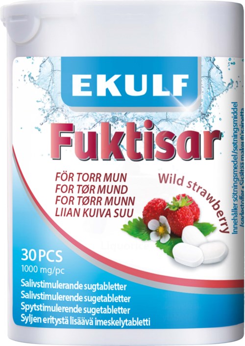 Container of Ekulf Fuktisar tablets with strawberries, 30 pieces, for dry mouth relief.