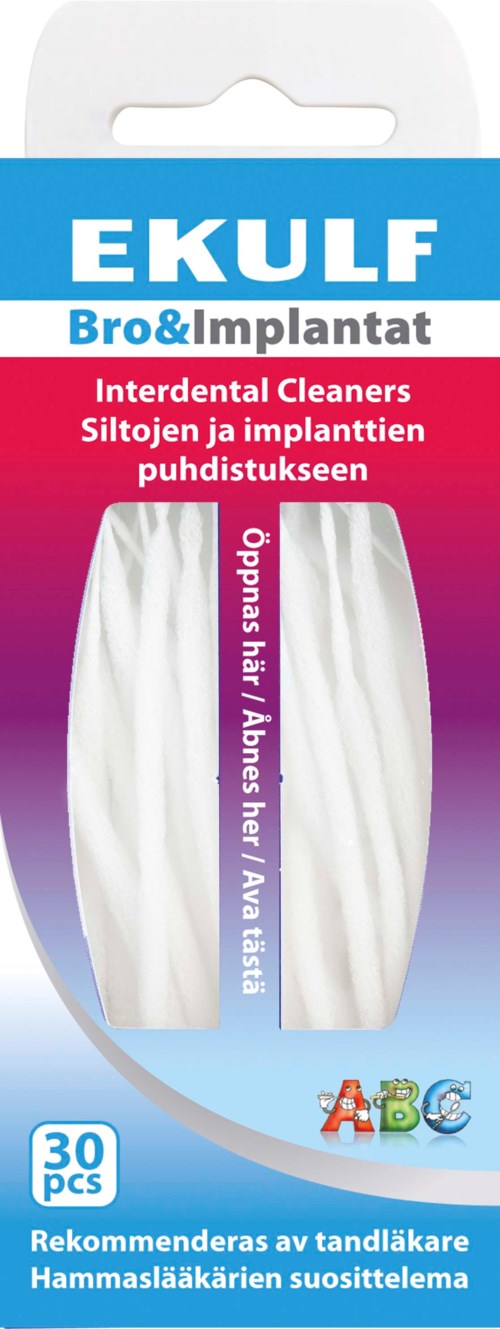 Packaging for interdental cleaners called EKULF, with 30 pieces, text in multiple languages, and colorful design.