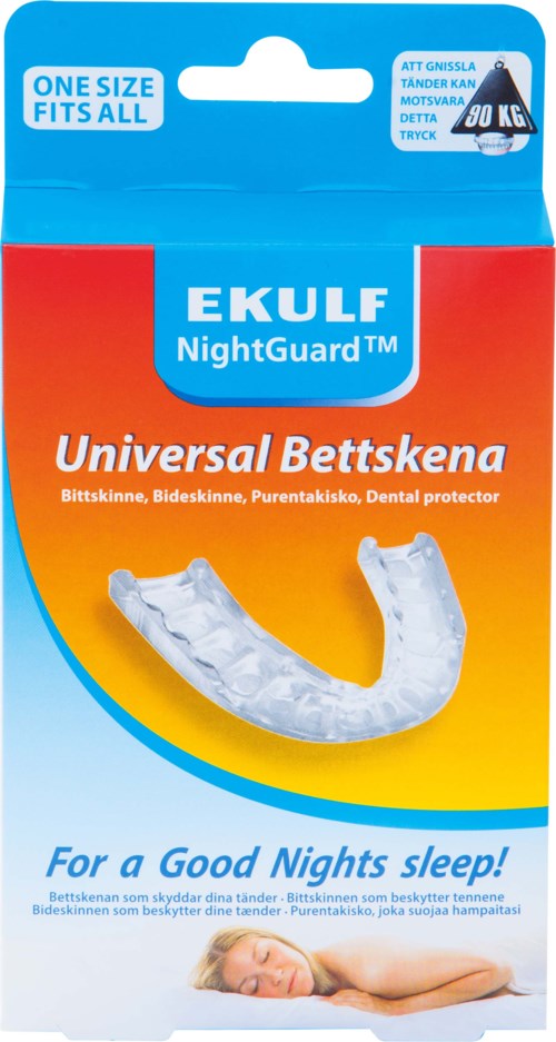 A package of dental guards labeled 'EKULF NightGuard' for sleep protection, showing a fitted mouthguard and stating 'One size fits all.'