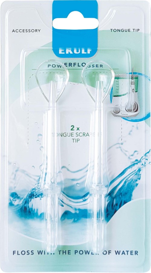 Two clear tongue scrapers in plastic packaging with blue and white design, labeled as accessories for water flossers.