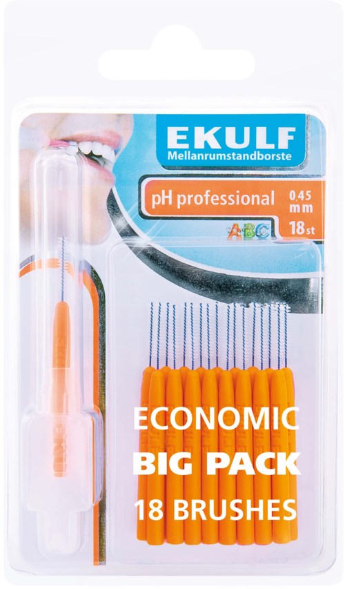 A pack of 18 oral hygiene brushes with black handles, orange ends, and a blue and white label highlighting pH professionalism.