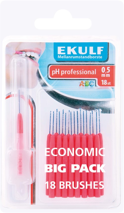 A dental brush set with 18 small red brushes and one long handle, labeled as a big pack for dental care.