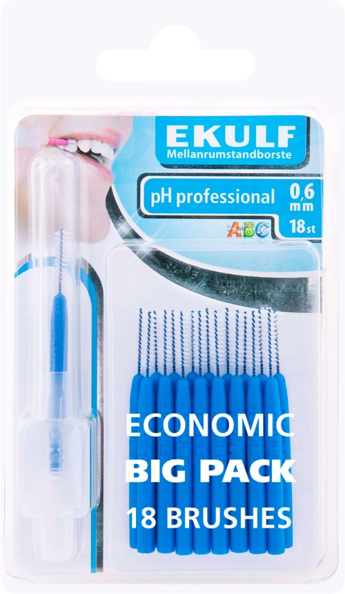 A pack of 18 dental brushes with a long handle, featuring a smiling mouth on the packaging and text about pH and size.