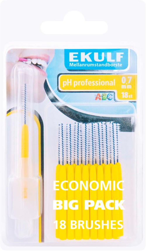 Toothbrush set with 18 brushes, a holder, and a testing strip for pH levels, packaged in a clear plastic case.