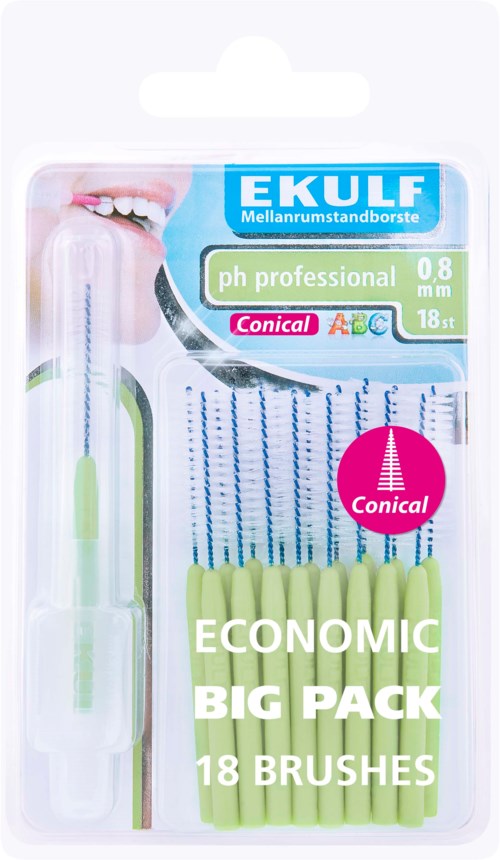 Package of 18 dental brushes with a long handle, labeled as professional, conical tip, and suitable for medium teeth.