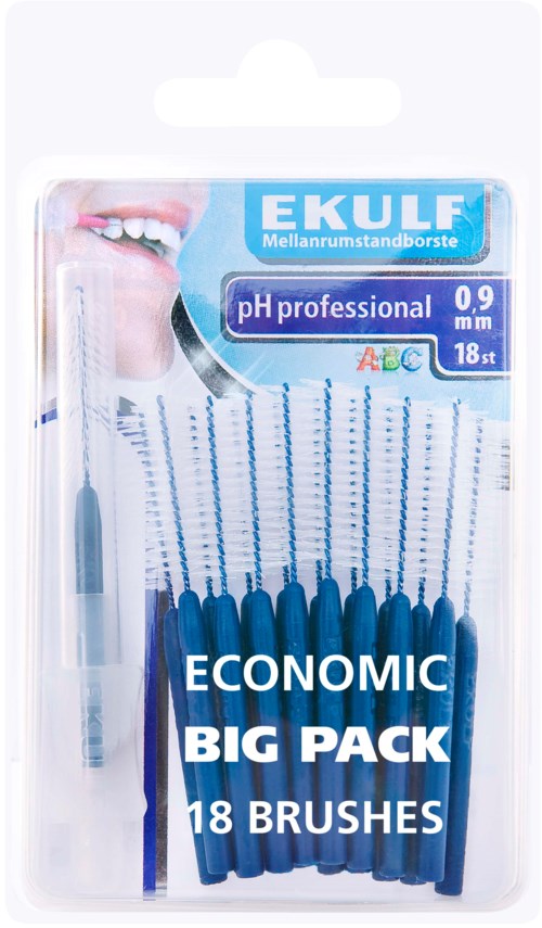 Pack of 18 dental brushes with blue handles, labeled for professional use, pH, and economic value. Contains a small brush.