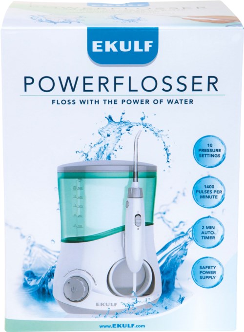 A water flosser package with a white and blue design, showing a water tank, flosser, and key features listed.
