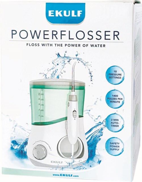 A water flosser with adjustable pressure, automatic timer, and safety power supply, displayed with water splashes and measurements.